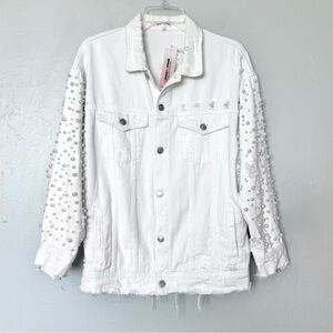 Sunset & Spring Pearl Embellished Distressed Denim Jacket In Off-white Size S